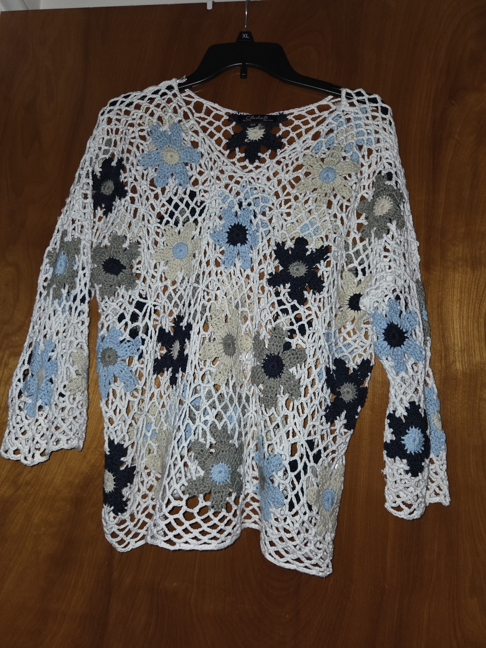 CHARLIE B White Crochet Floral Open-Knit Sweater with Blue & Gray Flowers